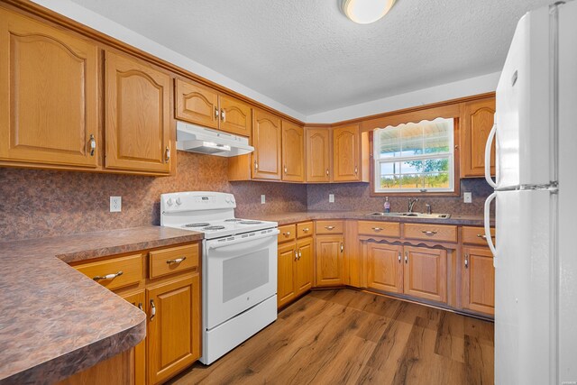 kitchen with dark countertops, a sink, wood finished floors, white appliances, and under cabinet range hood