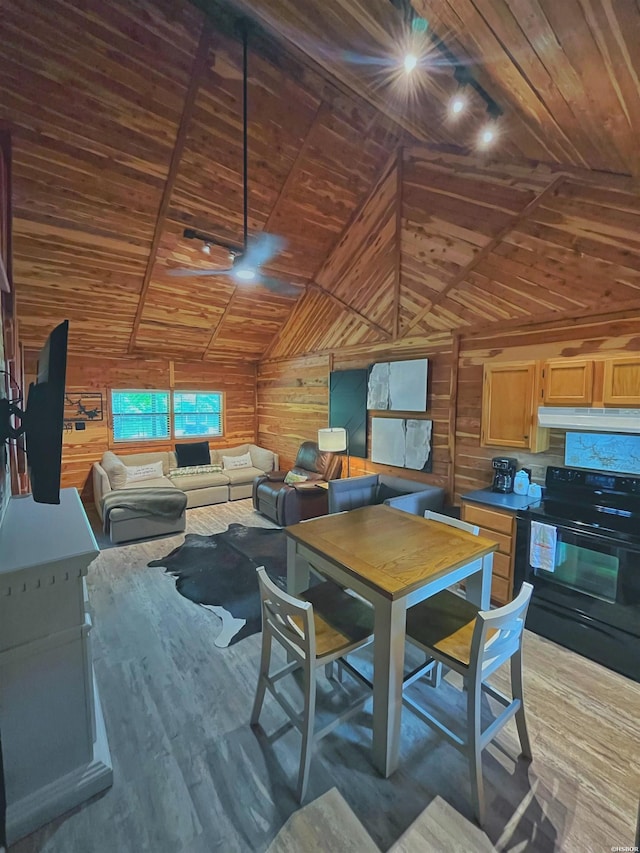 150 Shady Oak Trl, Hot Springs, AR 71913 - dining area with wood ceiling, wood walls, lofted ceiling, and wood finished floors