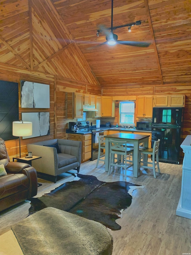 150 Shady Oak Trl, Hot Springs, AR 71913 - living area featuring wooden ceiling, ceiling fan, vaulted ceiling, wooden walls, and light wood-type flooring