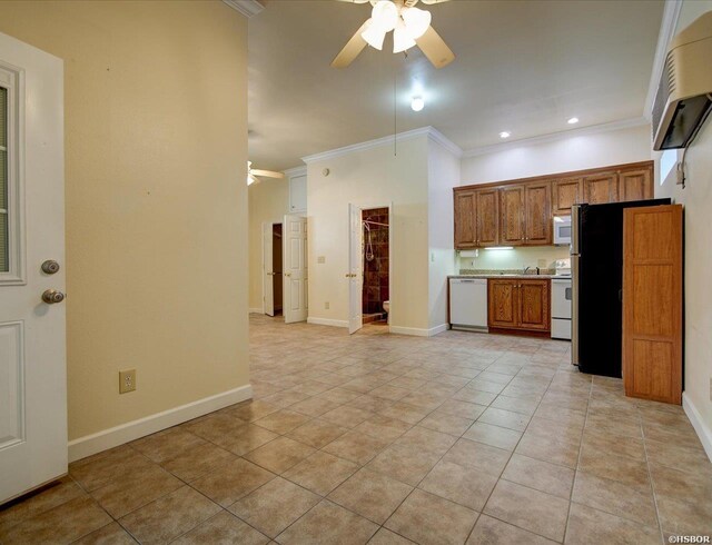 kitchen featuring brown cabinetry, ornamental molding, light countertops, and white appliances