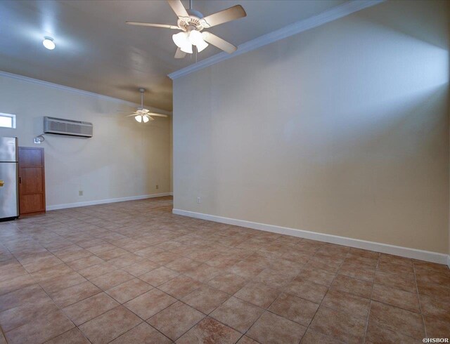 unfurnished room with ceiling fan, ornamental molding, a wall mounted AC, and baseboards