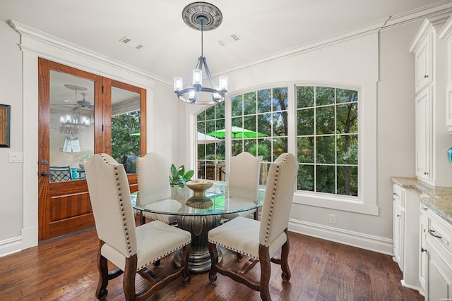 6 Stonegate Hts, Hot Springs, AR 71913 - dining area with dark wood-type flooring, visible vents, ornamental molding, and an inviting chandelier