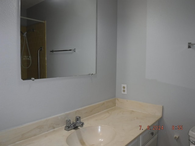 full bathroom featuring a shower, vanity, and toilet