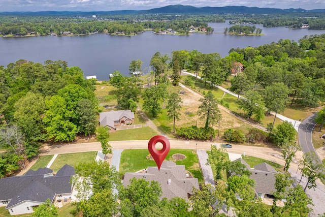 aerial view featuring a water view and a wooded view