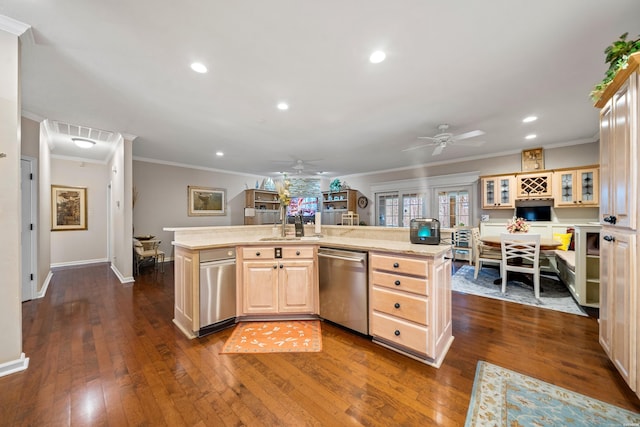 kitchen with ceiling fan, light brown cabinets, light countertops, dark wood finished floors, and stainless steel dishwasher