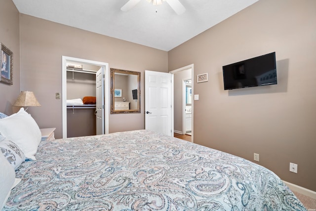 bedroom featuring a closet, baseboards, a walk in closet, ceiling fan, and carpet