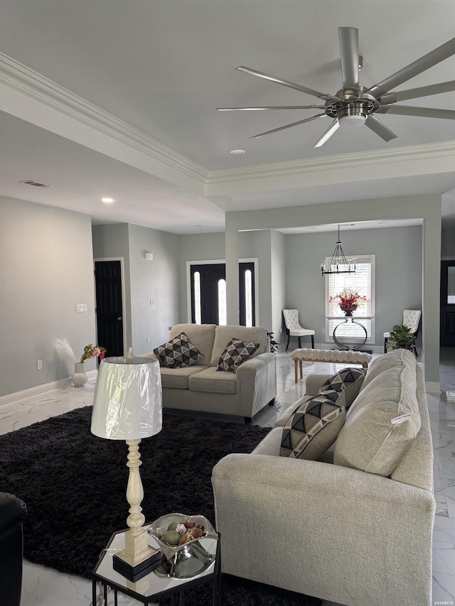 202 Quail Ridge Dr, Hot Springs, AR 71901 - living room with marble tiled flooring, ornamental molding, ceiling fan, recessed lighting, and a chandelier