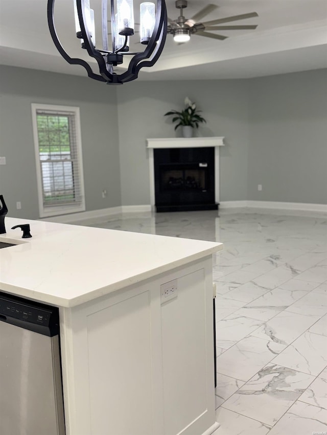 202 Quail Ridge Dr, Hot Springs, AR 71901 - kitchen with dishwasher, open floor plan, light marble finish floors, a chandelier, and light countertops