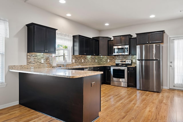 kitchen featuring backsplash, light wood-style flooring, appliances with stainless steel finishes, a peninsula, and baseboards