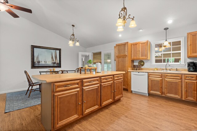 67 Delton Mccauley Rd, Kirby, AR 71950 - kitchen with dishwasher, a chandelier, a sink, light wood finished floors, and lofted ceiling