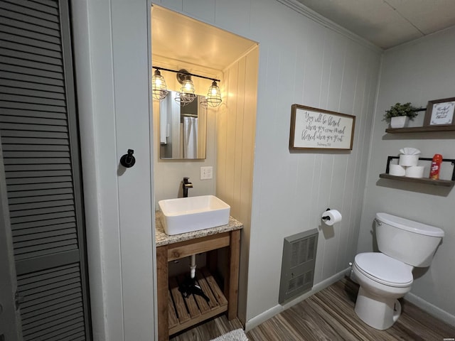 bathroom featuring baseboards, toilet, wood finished floors, vanity, and a closet