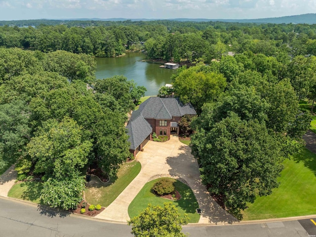 drone / aerial view with a water view and a wooded view