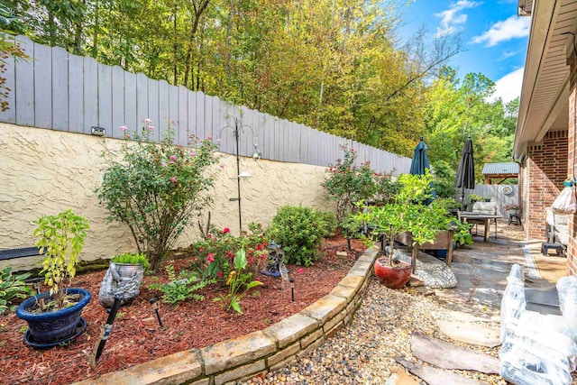 view of yard featuring a patio area and a fenced backyard