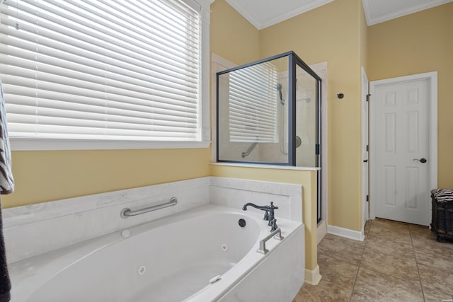 full bathroom with ornamental molding, a shower stall, and a tub with jets