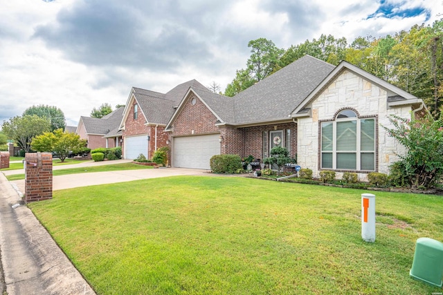 view of front of property featuring a garage, concrete driveway, stone siding, a front yard, and brick siding