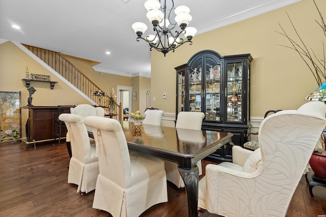 dining space featuring stairs, ornamental molding, a chandelier, and dark wood-type flooring