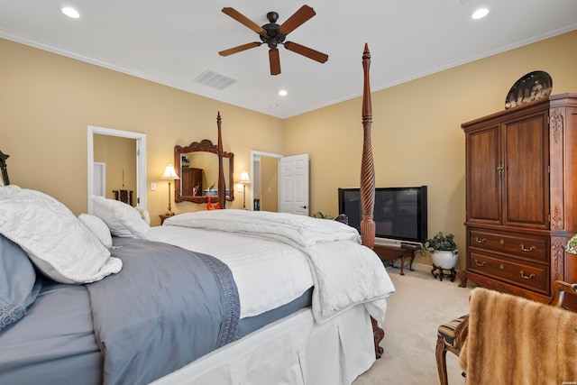 bedroom featuring ornamental molding, recessed lighting, light carpet, and visible vents