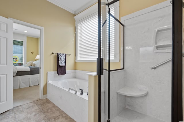 full bathroom featuring a garden tub, ensuite bath, a marble finish shower, and crown molding