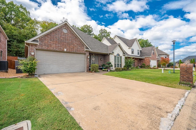 view of front of property featuring an attached garage, brick siding, concrete driveway, roof with shingles, and a front yard