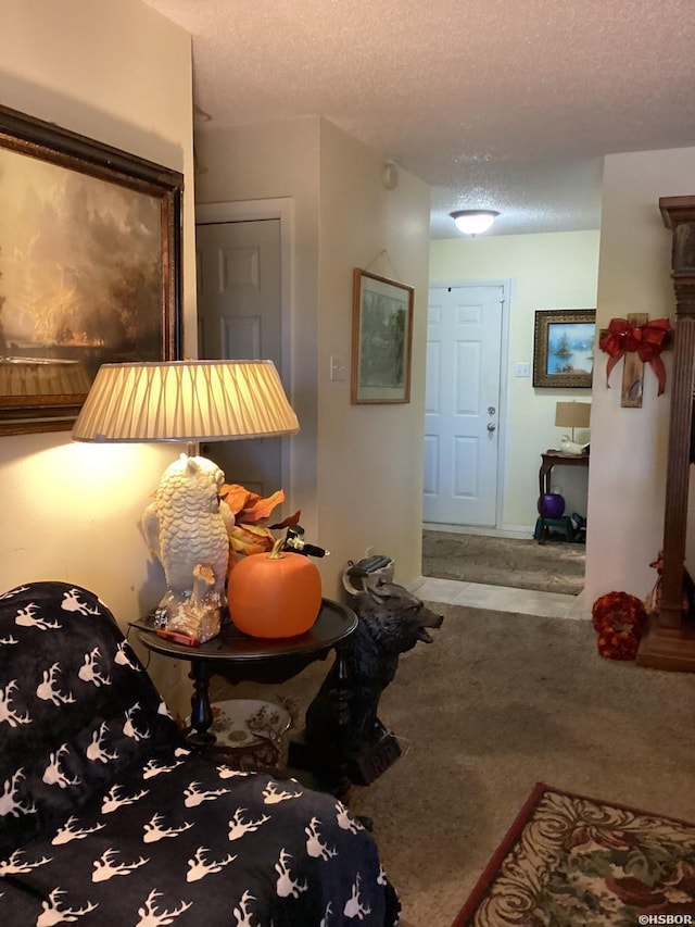 bedroom with carpet floors and a textured ceiling