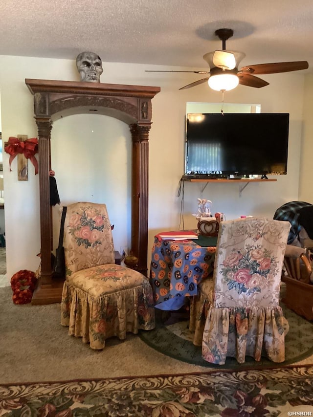 living area featuring a ceiling fan, carpet, and a textured ceiling