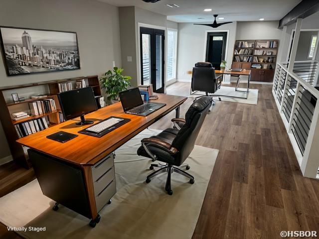 office area with baseboards, ceiling fan, wood finished floors, french doors, and recessed lighting