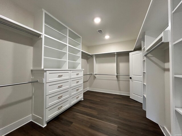 walk in closet with visible vents and dark wood finished floors