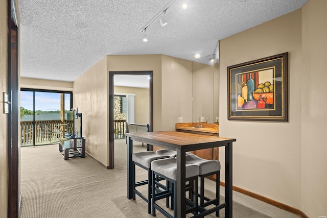 203 Stearns Pt Unit E1, Hot Springs, AR 71913 - carpeted dining room with baseboards, a textured ceiling, bar with sink, and track lighting