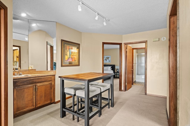 203 Stearns Pt Unit E1, Hot Springs, AR 71913 - dining area featuring rail lighting, a textured ceiling, light carpet, and baseboards