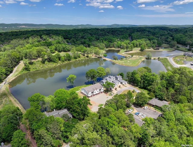 drone / aerial view featuring a water view and a view of trees