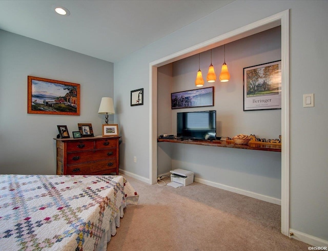 bedroom featuring baseboards, carpet, and recessed lighting
