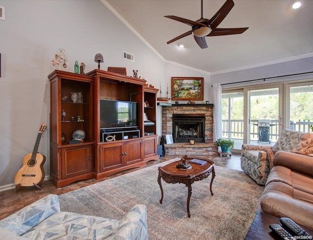 living area featuring a stone fireplace, a ceiling fan, baseboards, lofted ceiling, and visible vents