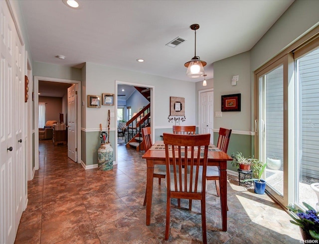 dining area with visible vents, recessed lighting, baseboards, and stairway