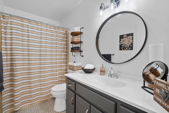full bath with a shower with shower curtain, tile patterned flooring, vanity, and toilet
