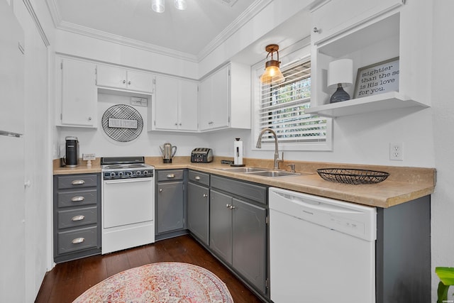 kitchen with gray cabinets, light countertops, ornamental molding, a sink, and white appliances