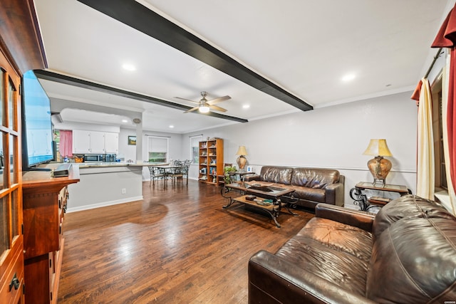 living area with a ceiling fan, dark wood-style floors, recessed lighting, and ornamental molding