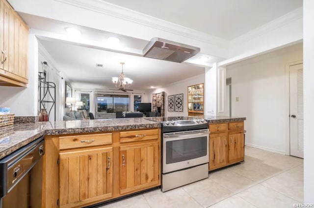 200 Hamilton Oaks Dr Unit D-3, Hot Springs, AR 71913 - kitchen with crown molding, tile counters, stainless steel electric range, black dishwasher, and an inviting chandelier
