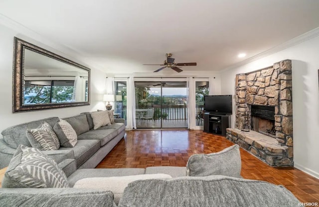 200 Hamilton Oaks Dr Unit D-3, Hot Springs, AR 71913 - living area featuring a fireplace, ceiling fan, baseboards, and crown molding