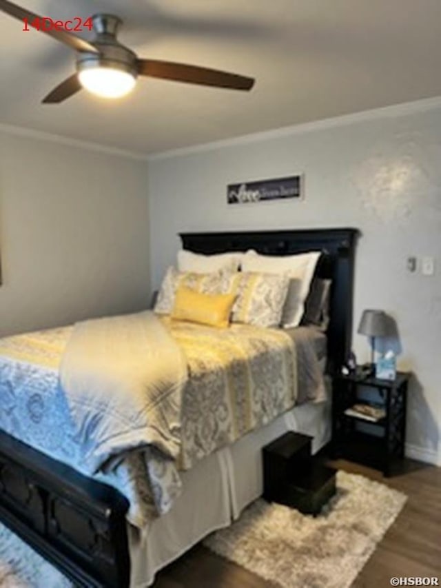 bedroom featuring baseboards, ceiling fan, ornamental molding, and dark wood-type flooring