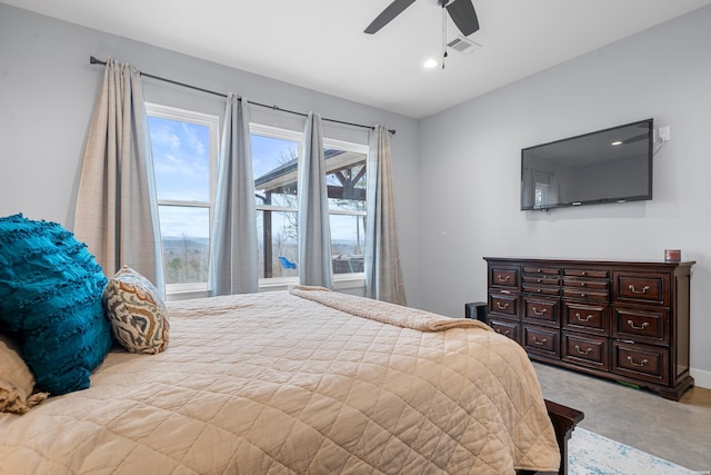 bedroom featuring ceiling fan, visible vents, and recessed lighting