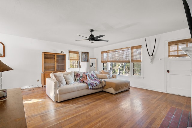 living area featuring a ceiling fan and wood finished floors