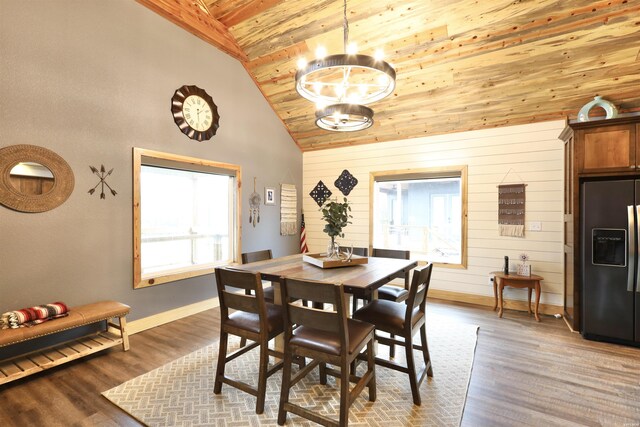 dining space featuring a notable chandelier, wood finished floors, high vaulted ceiling, wooden ceiling, and baseboards