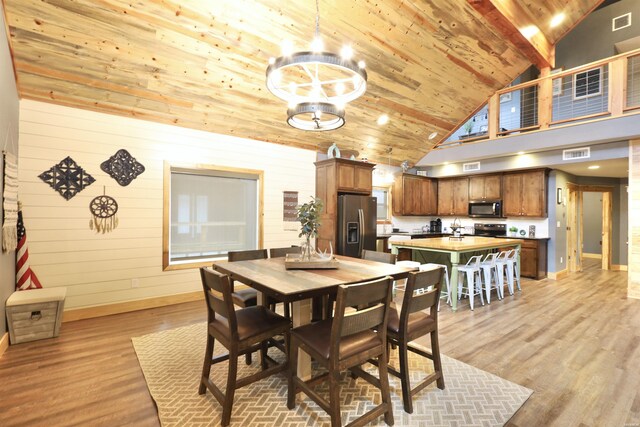 dining room featuring high vaulted ceiling, visible vents, wood ceiling, a chandelier, and light wood-type flooring