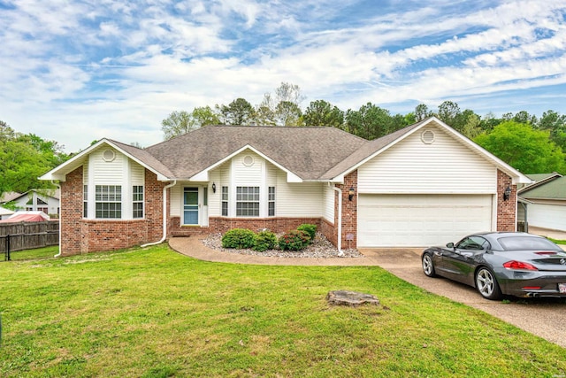 ranch-style house featuring a garage, concrete driveway, fence, a front lawn, and brick siding