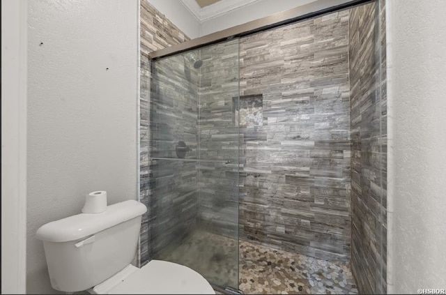 full bathroom with toilet, ornamental molding, a shower stall, and a textured wall