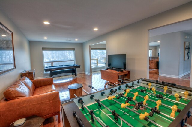 playroom featuring recessed lighting, billiards, baseboards, and wood finished floors