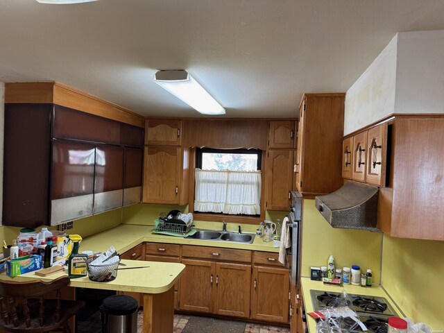 kitchen featuring brown cabinetry, light countertops, a sink, and ventilation hood