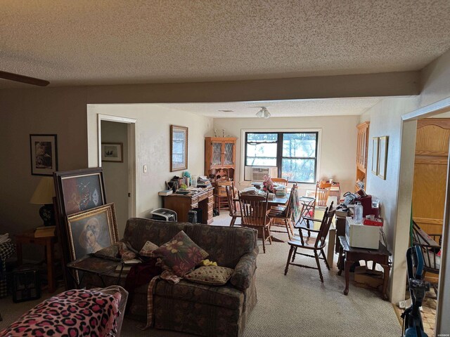 living area featuring light carpet and a textured ceiling