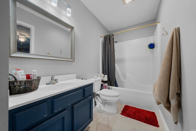 full bathroom with shower / bath combo, marble finish floor, vanity, and toilet