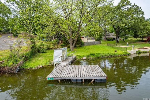 117 Waverly St, Hot Springs, AR 71913 - view of dock featuring fence, a yard, and a water view